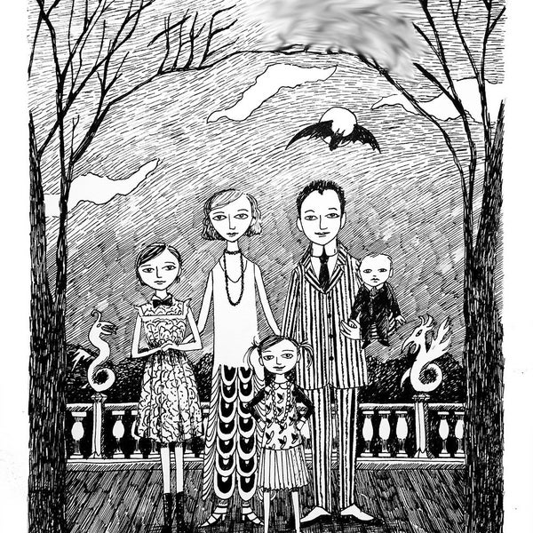 Custom Family Portrait, Ink Hand Drawn Portrait, Family Painting, Family Portrait, edward gorey, pen and ink, black and white