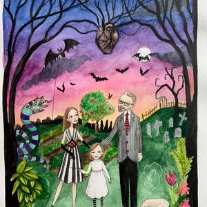 Fantasy Custom Family Portrait, Watercolor or Ink, Family Painting, Tim burton, Alice in Wonderland, Edward Gorey, Wizard of Oz image 1
