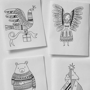 Holiday Cards - set of 4 - Coloring pages Pack, instant download, greeting cards,  print yourself, kids of all ages, kid activity sheet