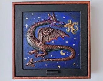 Jewelry Box, dragon with fire, Starry night, painted box, treasure wood box, metallic beast, magical witch, mirror