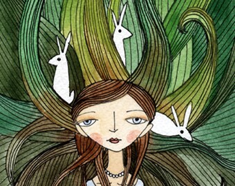 Rabbits In My Tangled Hair - Watercolor illustration, PRINT 5x7, white rabbits, Alice in Wonderland