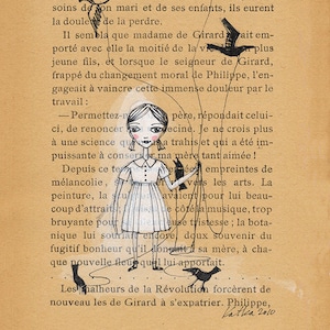 Book Pages illustration - Pen and paint, girl walking birds, edward gorey, print 5x7