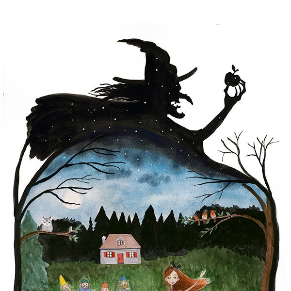 Snow white vs Witch, Watercolor illustration, Fairy tale, Silhouette, Print 5x7