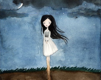 Well Grounded Girl - Lonely Fairytale, Art Print 5x7 , Watercolor illustration, Tree, Roots, Dark Night, Gloomy, Curse