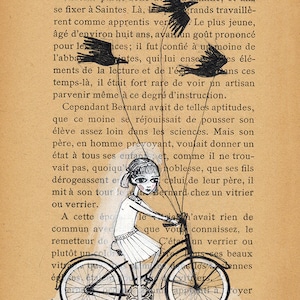 Girl Biking with Birds - Book Pages illustration, Pen and paint, birds as pets, edward gorey, print 5x7
