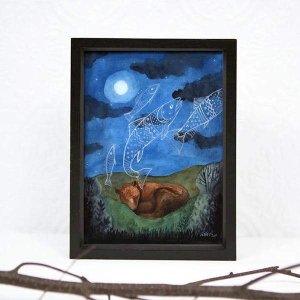 Sleeping Bear, Dreaming of Fish, 5 x 7 PRINT, Moonlight, Night Sky, Dreaming of Food, Animal dreams, Art Illustration, Watercolor Painting