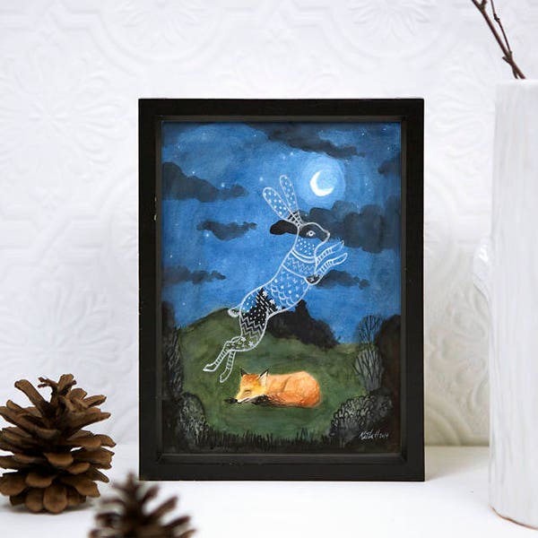 Sleeping Red Fox, Dreaming of Hare, 5 x 7 PRINT, Rabbit Ghost, Moonlight, The Hunt, Animal dreams, Art Illustration, Watercolor Painting