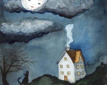 House in Moonlight - Wolf Howling, Dreaming of Home, Face in Moon, Art PRINT 8x10