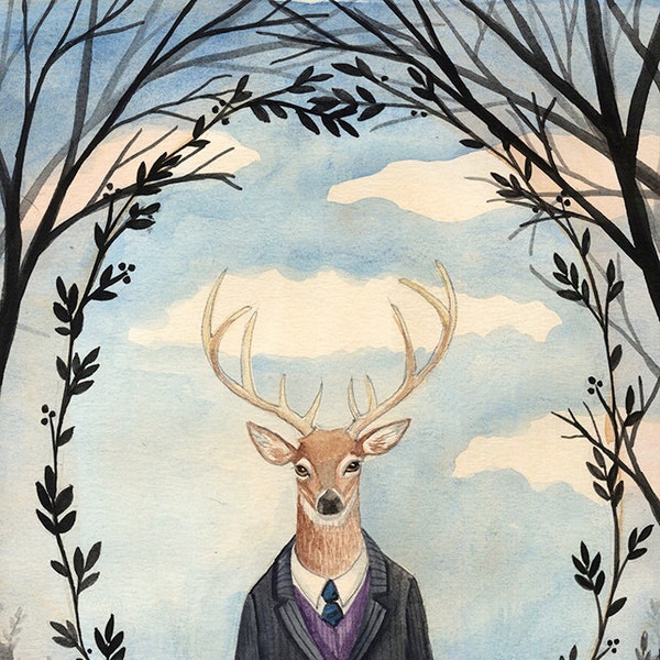 5x7 PRINT - Deer Man, Dark trees, Leaf Framing, Art Illustration, Watercolor Painting, Victorian Gentleman