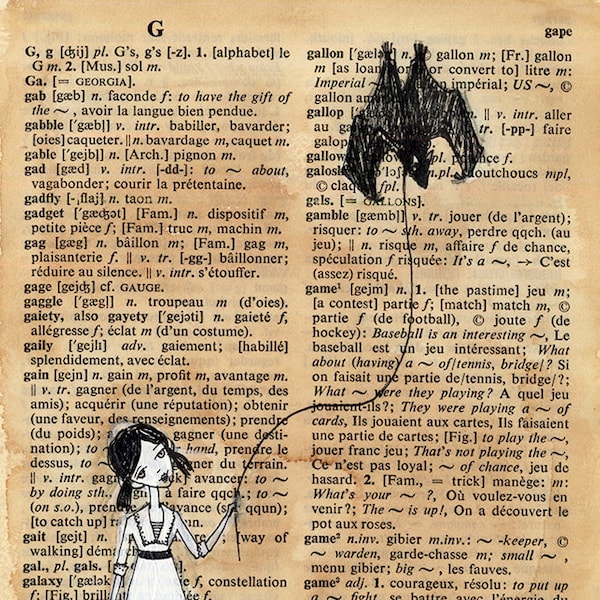 illustration on French/English Dictionary Page - Girl walking pet Bat, Pen and paint,  edward gorey, print 5x7
