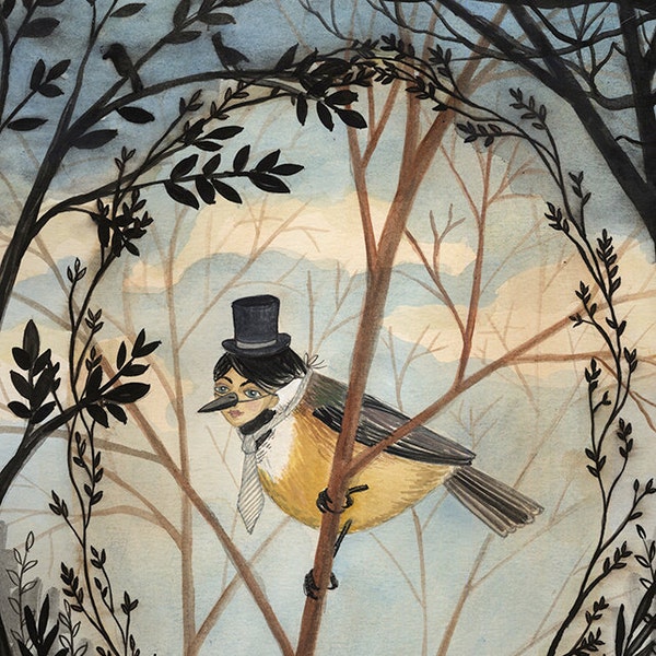 Gentleman Bird - 5x7 PRINT, Dark trees, Branch Framing, Victorian Gentleman, Art Illustration, Vintage Photographs, Elegant Wildlife
