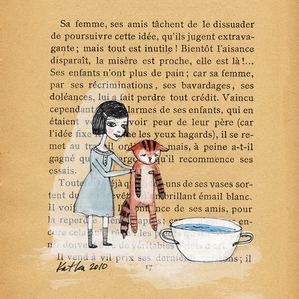 Bath time - Book Page illustration, Pen and paint, unhappy cat, victorian girl, print 5x7