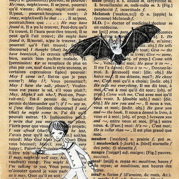 Boy walking his pet bat, illustration on Dictionary Page, Pen and paint, edward gorey, print 5x7