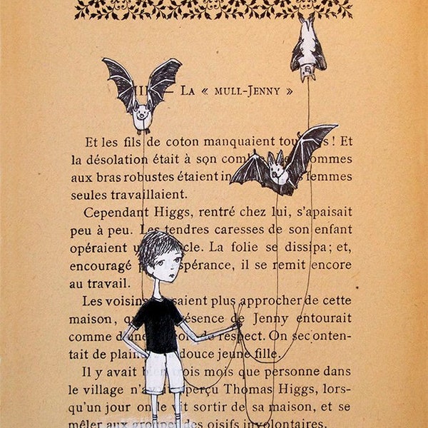 Book Page illustration - Pen and paint, Boy walking Bats, edward gorey, print 5x7