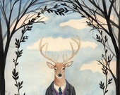 8x10 PRINT - Deer Man, Dark trees, Leaf Framing, Art Illustration, Watercolor Painting, Victorian Gentleman