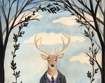 8x10 PRINT - Deer Man, Dark trees, Leaf Framing, Art Illustration, Watercolor Painting, Victorian Gentleman