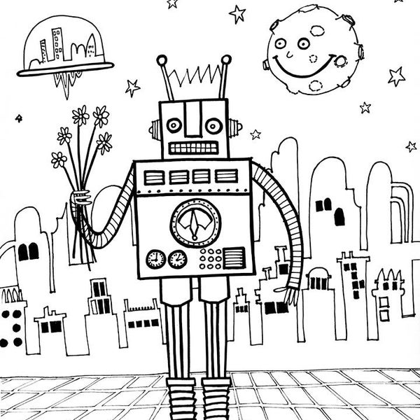 Coloring book page - robot, modern city, black and white, LineArt Instant Download Printable,Digital Illustration
