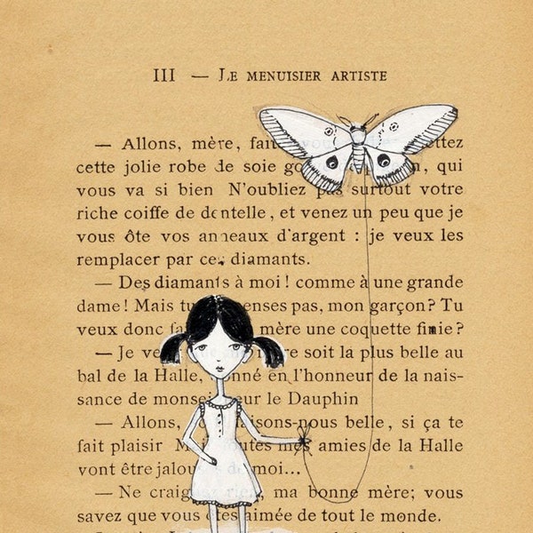 Girl walking her pet moth, illustration on Dictionary Page, Pen and paint, print 5x7, thumbelina