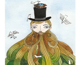 Watercolor illustration - Bearded gentleman with Birds, Art Print, Top Hat, Fairytale Painting, Print 5x7