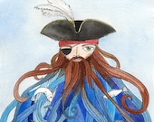 Pirate Illustration - Art Print, Watercolor, tangled Beard, Captain of the Sea, King of Fish, 8x10