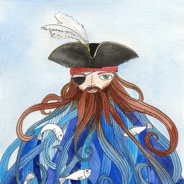 Pirate Illustration - Art Print, Watercolor, tangled Beard, Captain of the Sea, King of Fish, 8x10