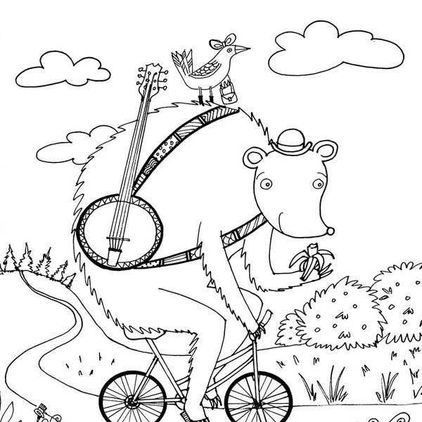 Coloring book page - Bear of a bicycle, black and white, LineArt Instant Download Printable,illustration