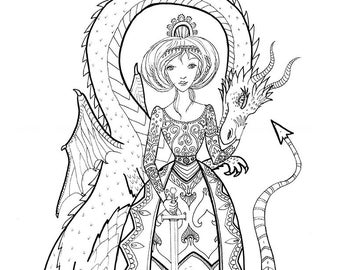 Página de libro para colorear - Dragon Princess, blanco y negro, LineArt Descarga instantánea imprimible, Ilustración digital