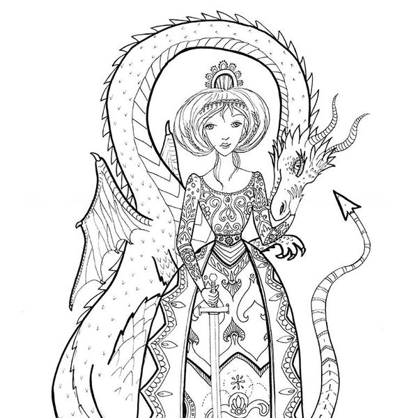 Coloring book page - Dragon Princess, black and white, LineArt Instant Download Printable,Digital Illustration