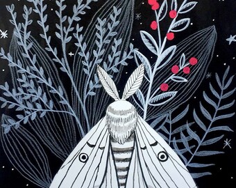 Night Butterfly, Moth, Original Painting, Black and white, winter flora, red berries