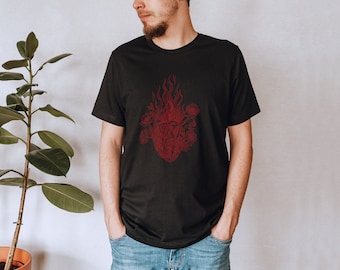 Sacred heart Tee, Witchy flaming heart shirt, Tattoo tshirt, Remembrance poppies, Botanical heart