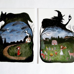 Fairy Tale Postcard, watercolor illustration, Little Red Riding Hood, Snow White, Witch, Wolf image 2