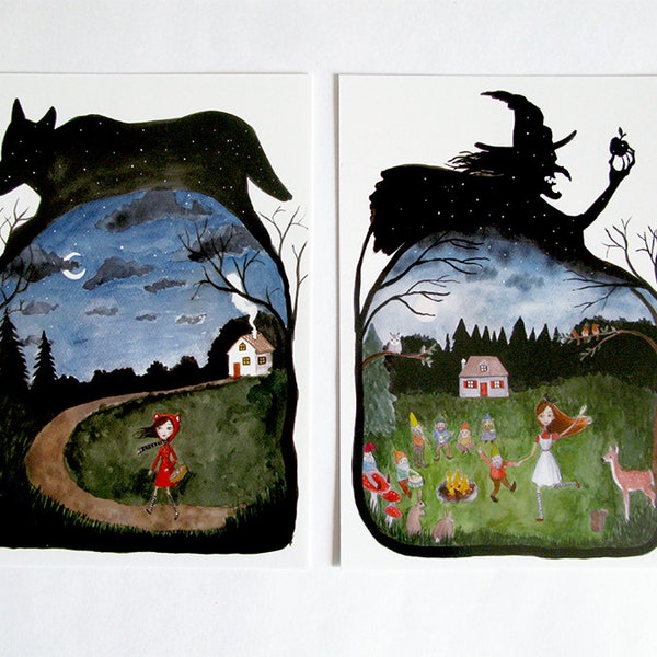 Fairy Tale 2 Postcards set, watercolor illustration, Little Red Riding Hood, Snow White, Witch, Wolf