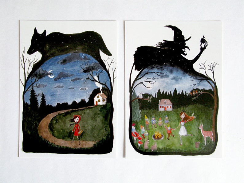 Fairy Tale 2 Postcards set, watercolor illustration, Little Red Riding Hood, Snow White, Witch, Wolf image 1