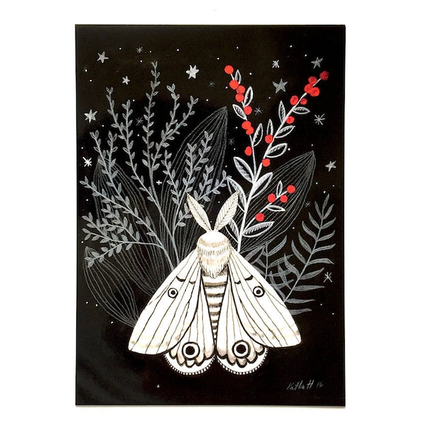 Black and white Animal with Flora - Postcard, watercolor illustration, white fox, snow owl, moth, red berries, gold