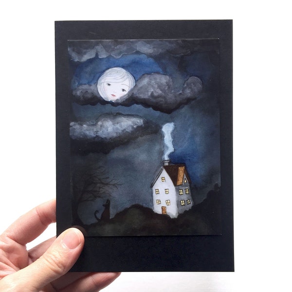 Moon Girl, card, choose cardstock, howling dog, wolf, cloudy night sky, cozy home 5x7