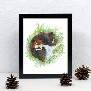 Red Head Girl and Black Bear, Sleeping Friends, Giclee art print, watercolor illustration, animal napping, 8x10 image 3