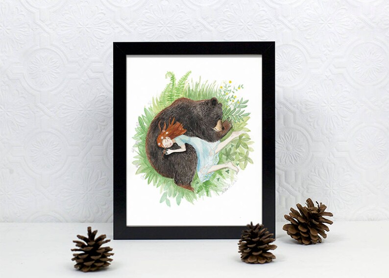 Red Head Girl and Black Bear, Sleeping Friends, Giclee art print, watercolor illustration, animal napping, 8x10 image 3