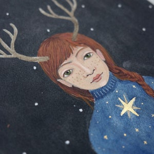 Original gauche and watercolor painting, Christmas sweater, deer deer, redhead, winter image 7