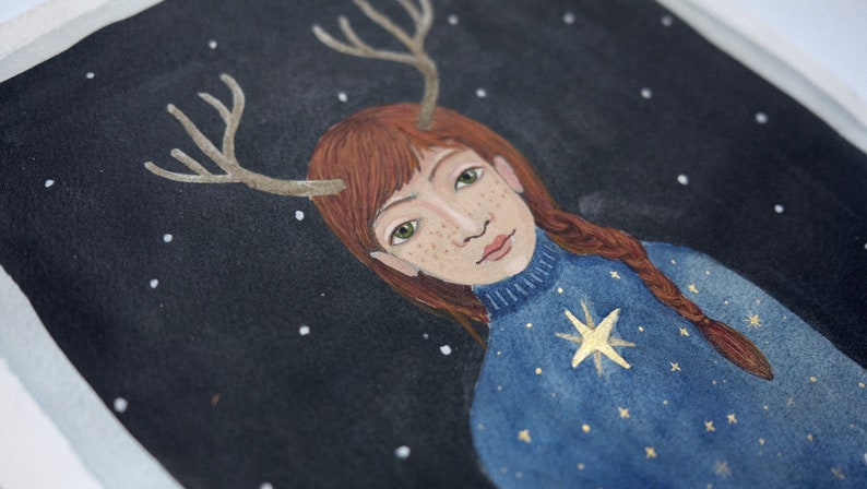 Original gauche and watercolor painting, Christmas sweater, deer deer, redhead, winter image 7