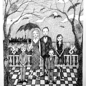 Custom Portrait with Custom Background, Hand Drawn, Family illustration, Portrait, edward gorey, pen and black ink, black and white image 1