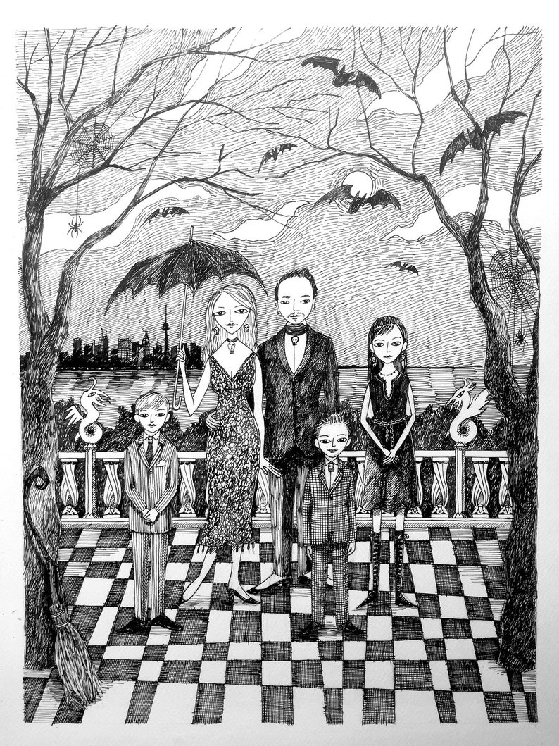 Custom Portrait with Custom Background, Hand Drawn, Family illustration, Portrait, edward gorey, pen and black ink, black and white image 1