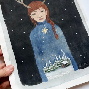 Original gauche and watercolor painting, Christmas sweater, deer deer, redhead, winter image 3