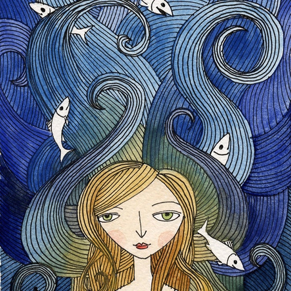 Art Print - Fille avec poisson, vagues de l’océan, illustration aquarelle Open Edition