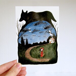 Fairy Tale Postcard, watercolor illustration, Little Red Riding Hood, Snow White, Witch, Wolf image 3