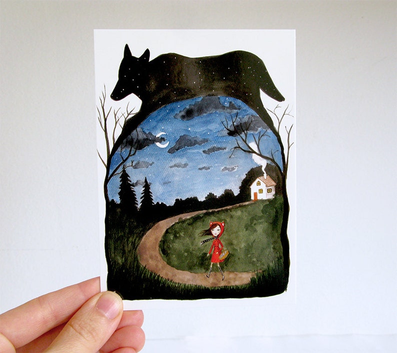 Fairy Tale 2 Postcards set, watercolor illustration, Little Red Riding Hood, Snow White, Witch, Wolf image 3