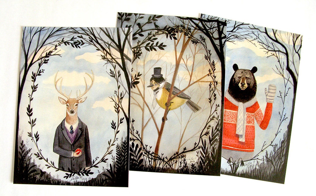 Victorian Animal Portraits Postcard Set of 3, Watercolor Illustration