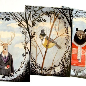 Portraits d'animaux de l'époque victorienne - Lot de 3 cartes postales, illustration aquarelle, silhouettes d'arbres