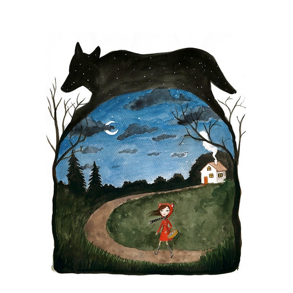 Könnte beinhalten: Ein Aquarellbild eines jungen Mädchens in einem roten Umhang, das einen Weg in einem Wald entlanggeht. Das Mädchen geht auf ein kleines Haus in der Ferne zu. Der Himmel ist dunkelblau mit einer Mondsichel und Sternen. Die Silhouette eines Wolfes ist im Hintergrund.