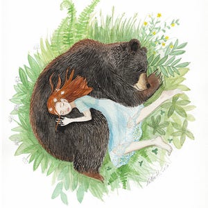 Red Head Girl and Black Bear, Sleeping Friends, Giclee art print, watercolor illustration, animal napping, 8x10 image 1