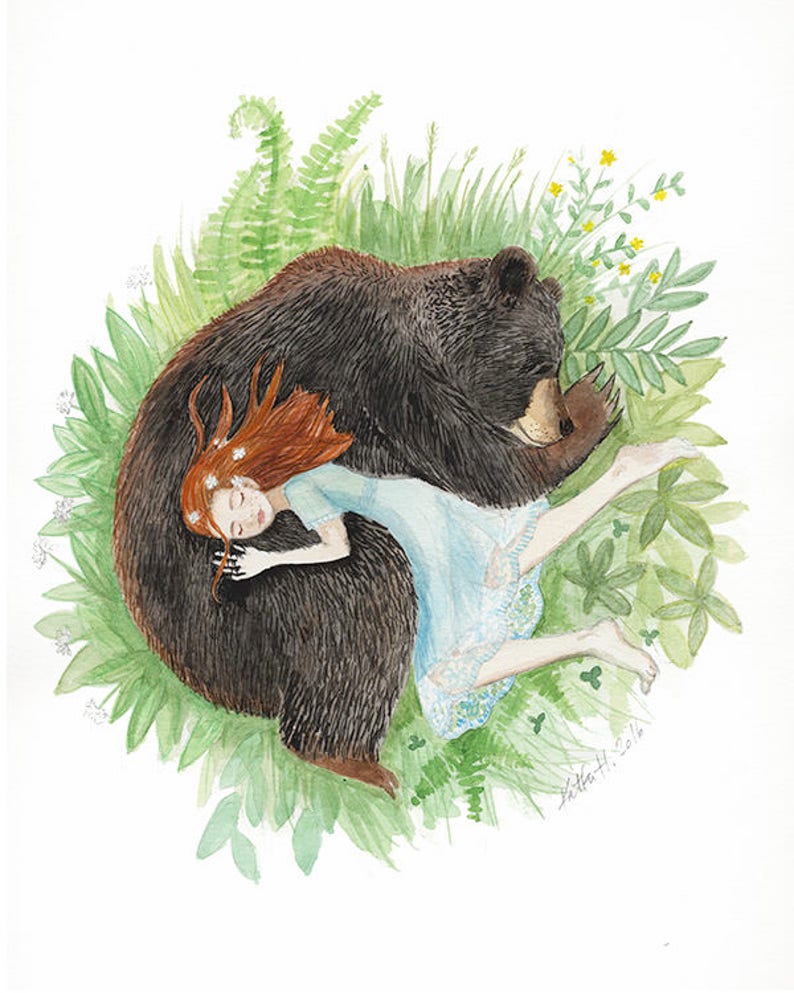 Red Head Girl and Black Bear, Sleeping Friends, Giclee art print, watercolor illustration, animal napping, 8x10 image 1